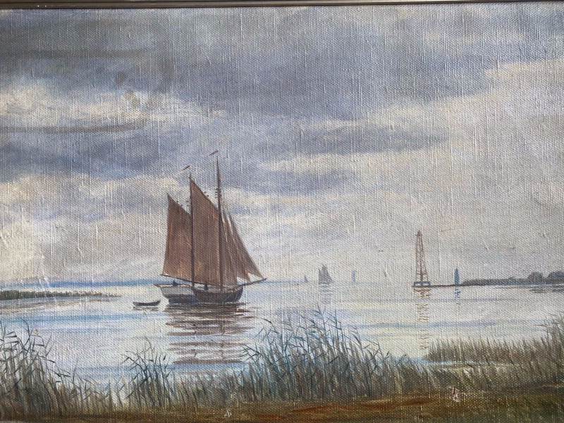 Oil painting undeutl. sign. View of sailboat at sea with lighthouse reed gallery