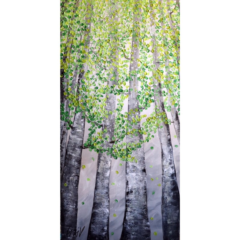 Aspen Tree Painting 24×48 Vertical Spring Forest Original Wall Art Canvas