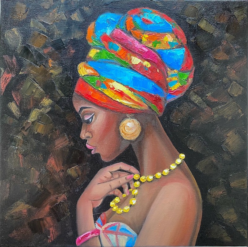 African American Woman Painting African Queen Original Oil Modern Art 12 by 12″