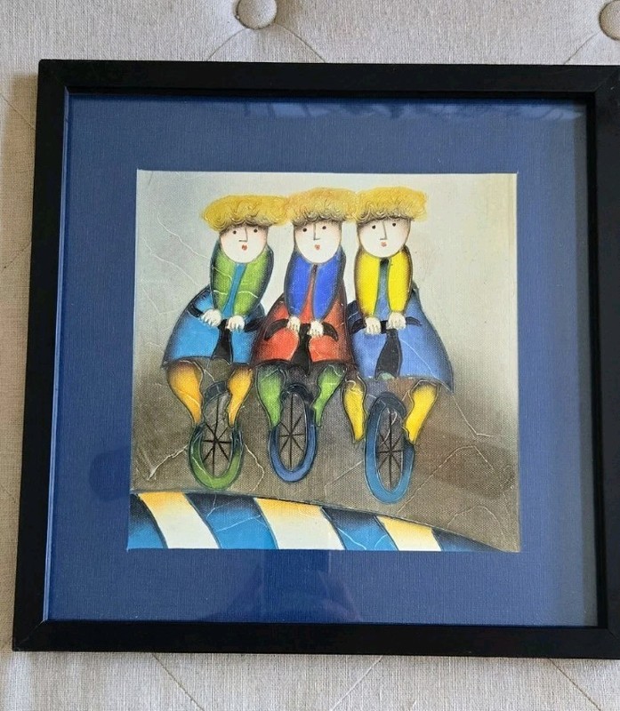 Joyce Roybal Original Oil On Canvas Painting-3 Unicyclists-12 «x 12»-Signed