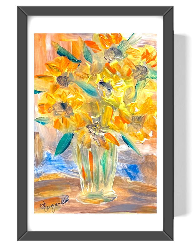 Guajardo Art: Sunflowers in Glass Vase 9X6 Original Paper Expressionism