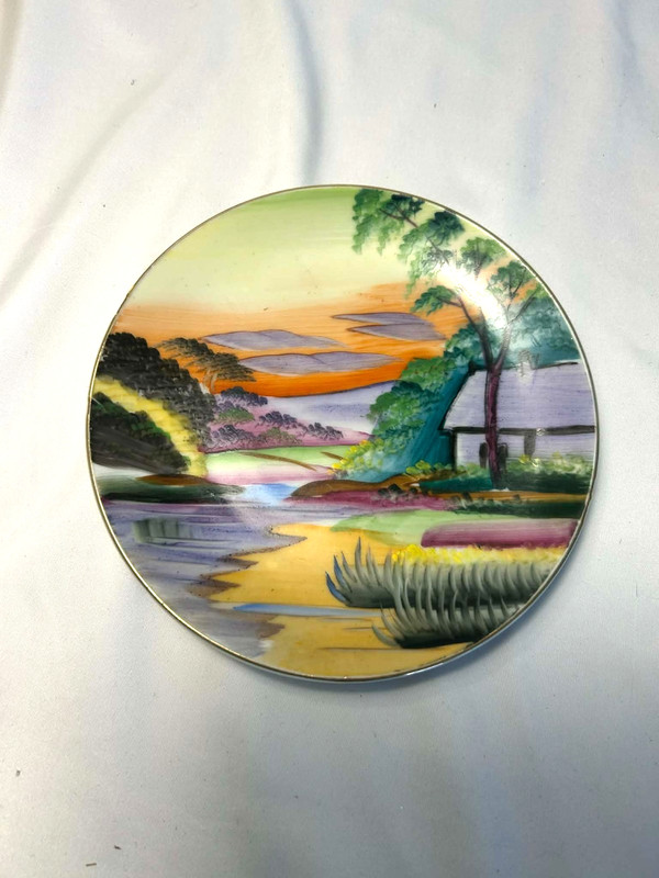 Hand Painted in Japan Scenic Landscape Decorative Plate River Sunset Wall Art