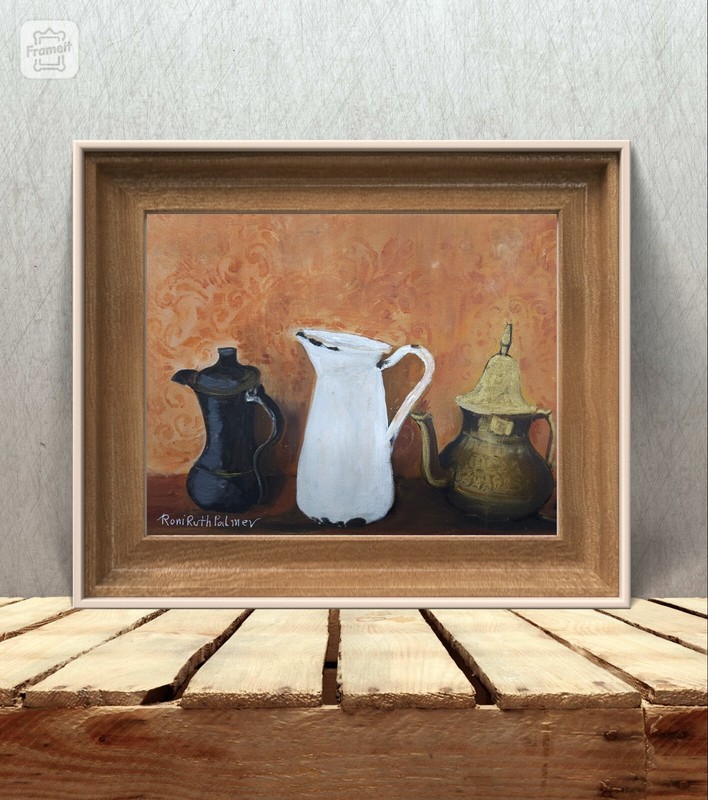 Oil painting still life «COFFEE POTS» 12″X9″ mixed media original on canvas