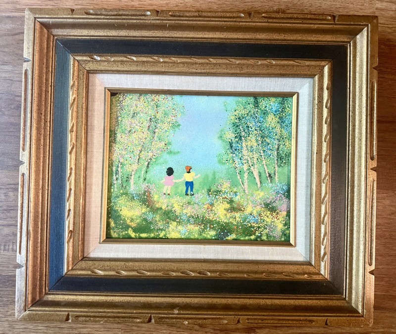 Vintage Enamel on Copper Boy & Girl 8X10 in forest w/Frame (17 1/2” X 15 1/2”)