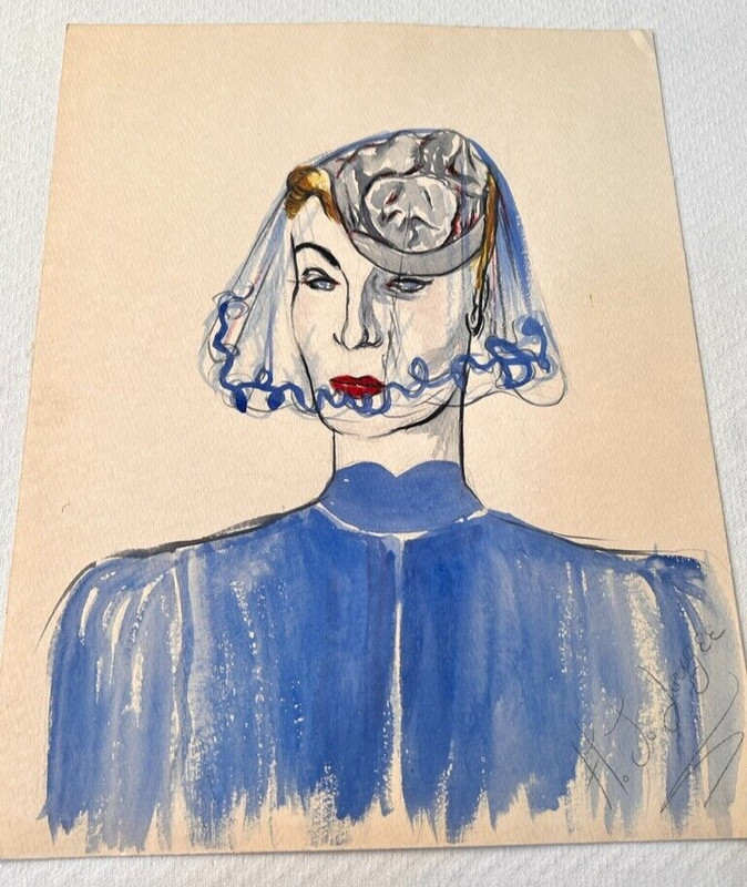 Watercolor Ladies Portrait Fashion Design 1940s Artist Original 11″ X 14″