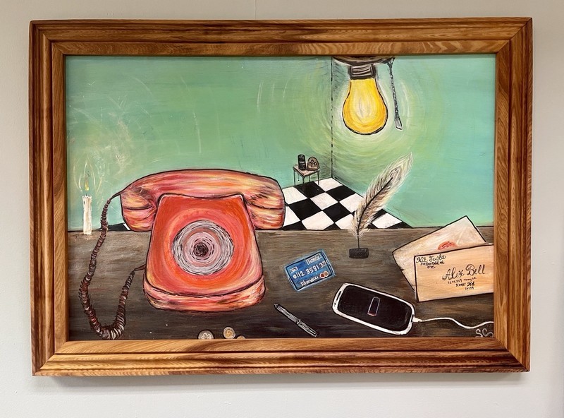 “Tesla to Alexa” by Saffron Framed Surrealist Original Acrylic framed in cypress