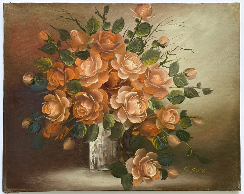 Vintage Original Oil Painting Roses in Vase Signed S Sunk 16×20 Floral 1981