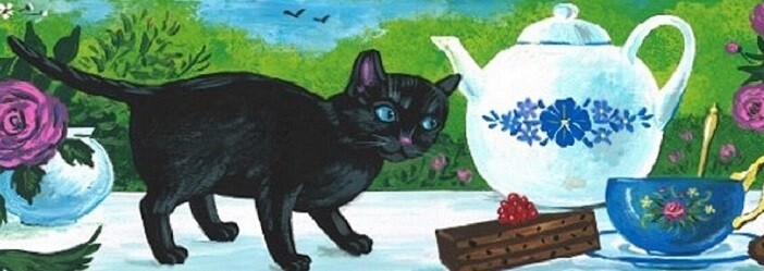DOUBLE ACEO PRINT OF PAINTING RYTA BLACK CAT TEA SPRING EASTER art rose folk 🌹