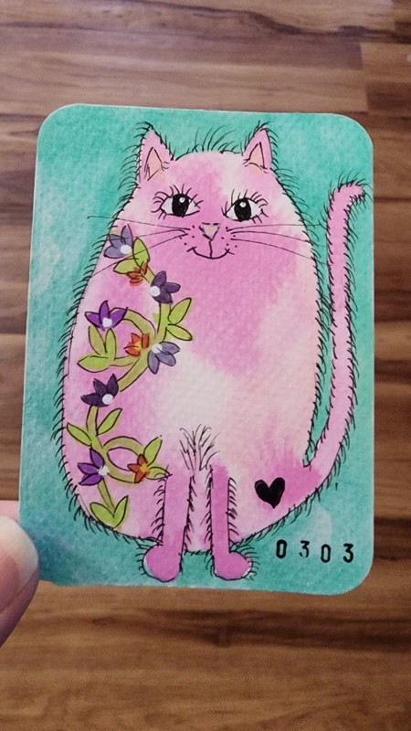 ACEO Original Watercolor/ALCOHOL MARKER Trading Card PINK Cat