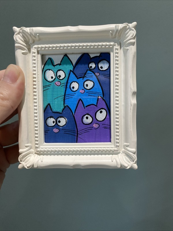 Funny Cats,Original Painting On Paper,3/4,framed,miniature,small,mini gallery