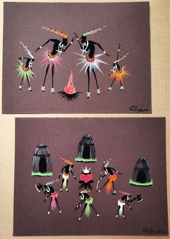 Lot of 2 African Tribal folk art 1950’s Belgian Congo Gouache Paintings, Signed