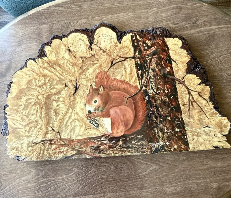 1990 Oil Painted Squirrel On Live Edge Birds Eye Maple Wood Plaque 25×16 Signed