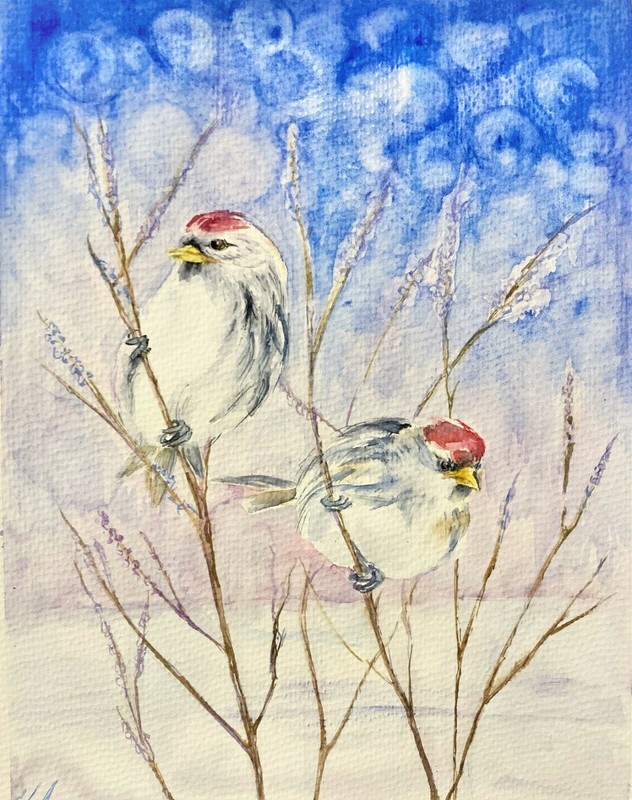 Birds Snow Blue Sky Watercolor Original Painting