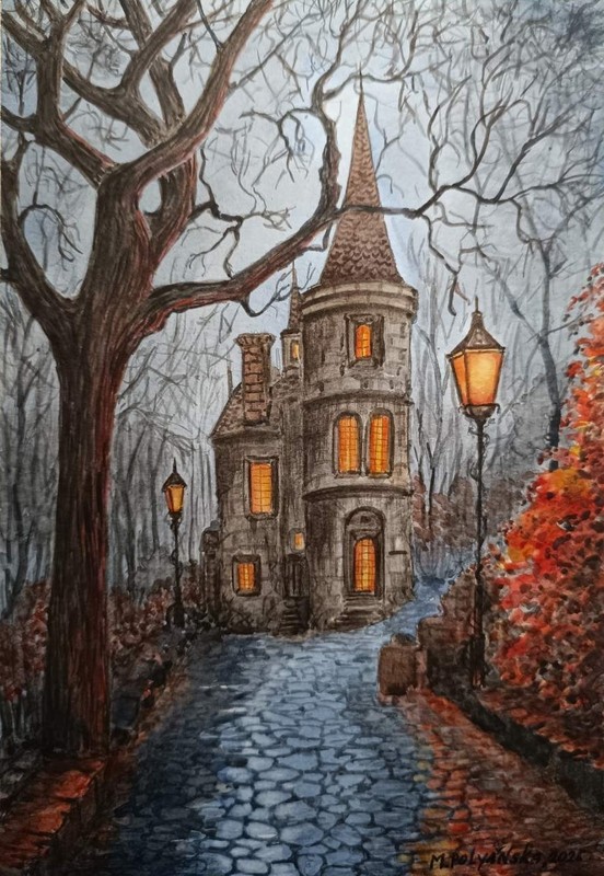 DRACULAS ABANDONED CASTLE Original Painting Magical Fantasy MYSTERIOUS FOREST A4 gallery