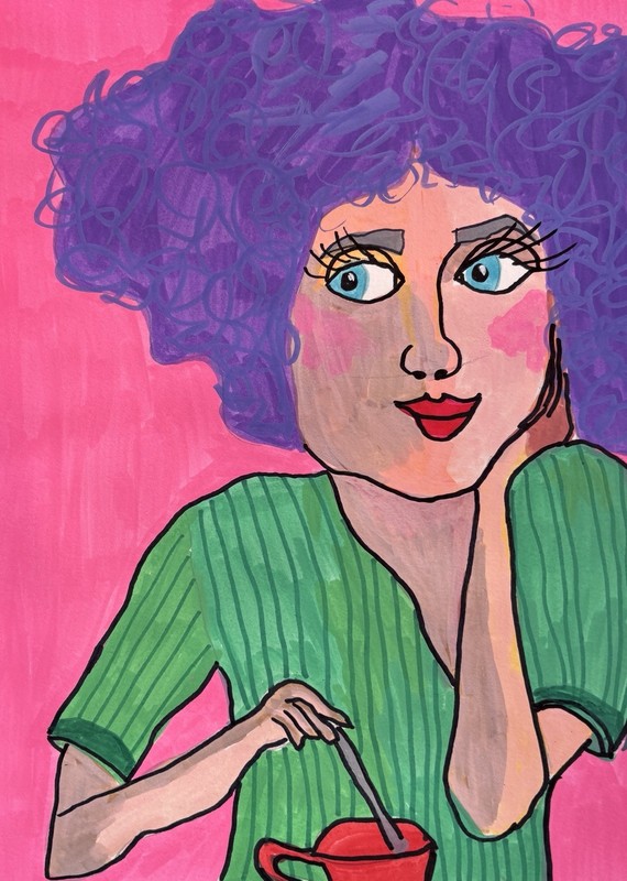 Pink Purple Green Coffee Woman Portrait Calm Girl original artwork by artist