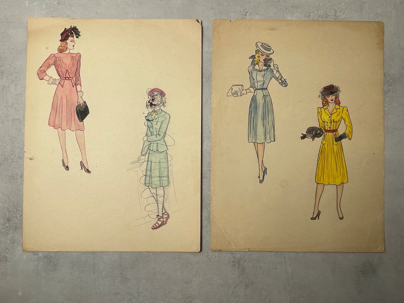 LOT 1 Original fashion figure studies, wc and pencil on paper, early 20th c.