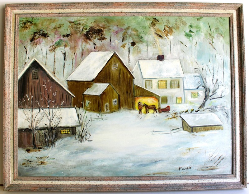 P EVERS VINTAGE OIL PAINTING CANVAS SIGNED AMERICAN FOLK ART WINTER FARM HOUSE
