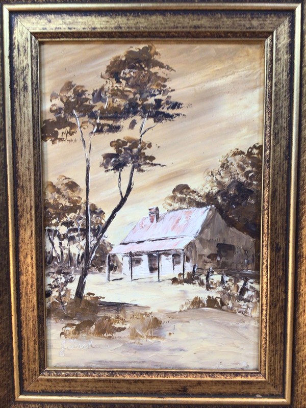 Artist J Forshaw Pair Of Painting Bush Huts Framed Oils 1980s gallery