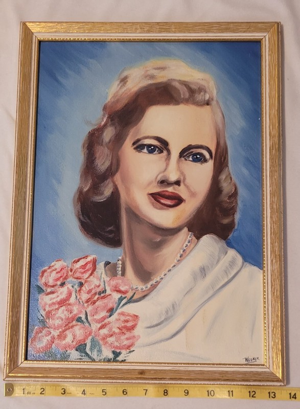 Vtg Georgous Oil Painting Woman Holding Flower W/ Gold Frame Mid Century-Wegner
