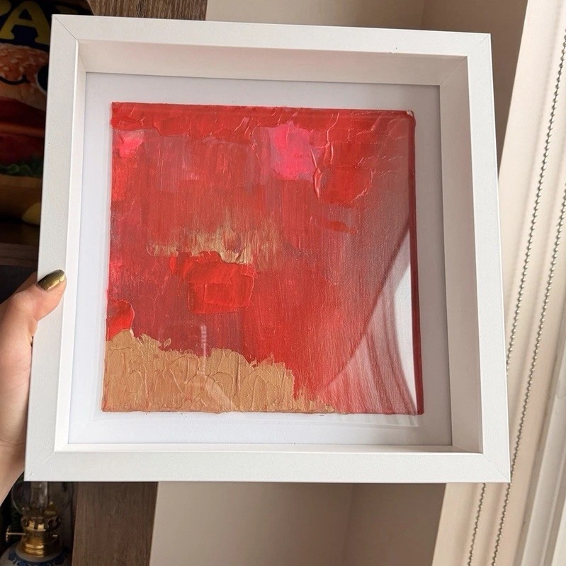 Framed Abstract Red and Gold Original Canvas Painting, Small Art Piece