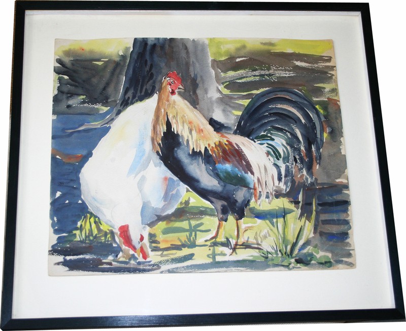 Vintage 1940’s Watercolour American Painting Rooster & Chicken Country – F Sims