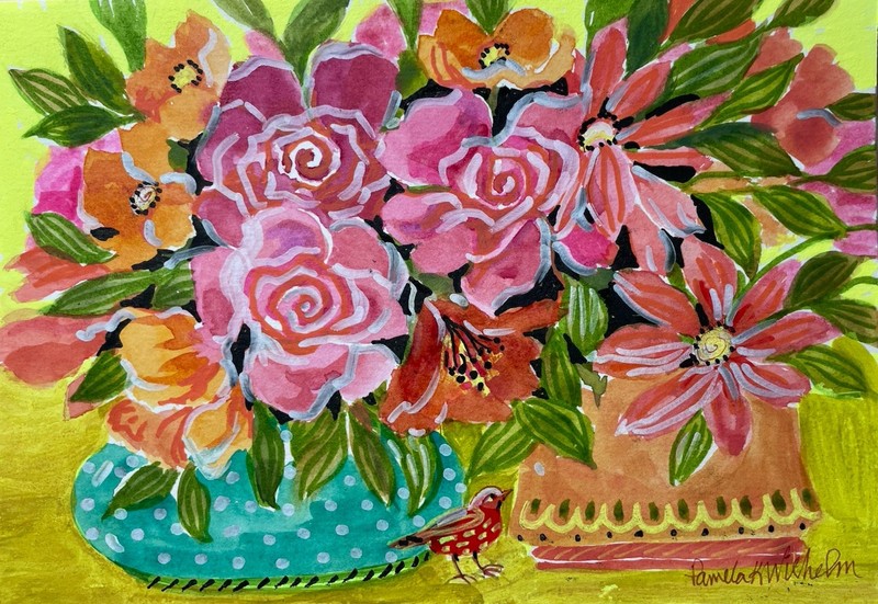 5×7 Pamela Wilhelm Original Watercolor Pink Potted Flirt