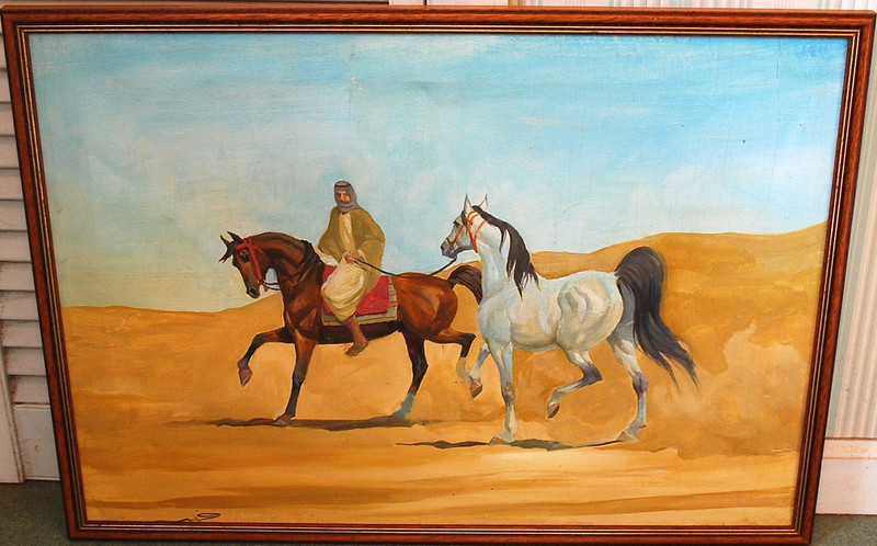 Antique Original ARABIC MIDDLE EAST BEDOUIN PAINTING Horses & Rider SIGNED 28″