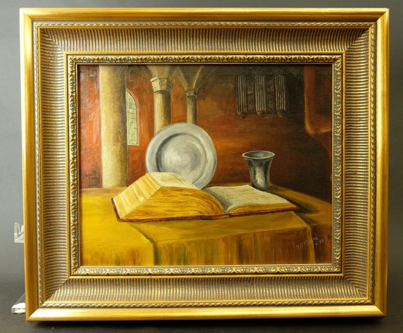 Dutch stillife oil church interior babtise dish bible Lucas signed M.G.J Bosma .