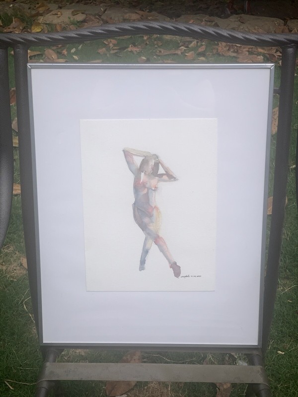 Original ‘20 Modern Nude Model Lady Watercolor Signed Crystal Framed 16”x20”