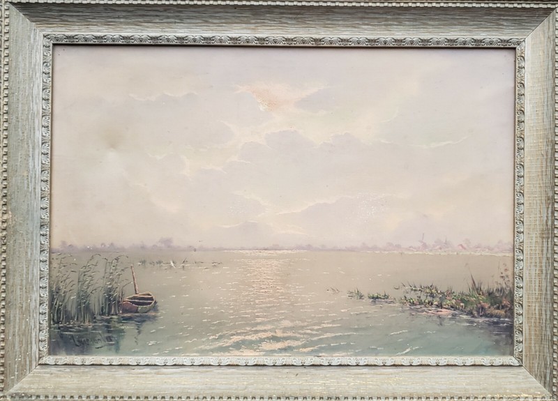 VINTAGE DUTCH IMPRESSIONIST LUMINISM FINE ART FISHING BOAT SUN CLOUDS PAINTING