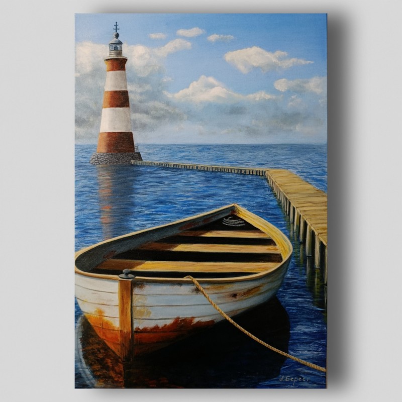 Original Oil Painting Lighthouse Boat Seascape Canvas Art 16×24 Signed Handmade