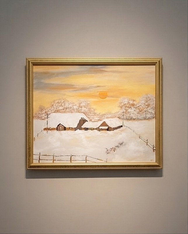 Vtg framed oil painting. winter landscape with snow-covered cabins at sunset.