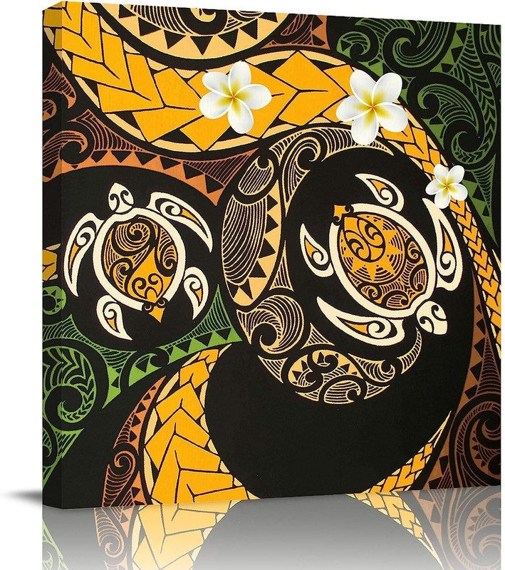 applebless Oil Painting on Canvas Polynesian Tribes Plumeria Sea Turtle Wall Art