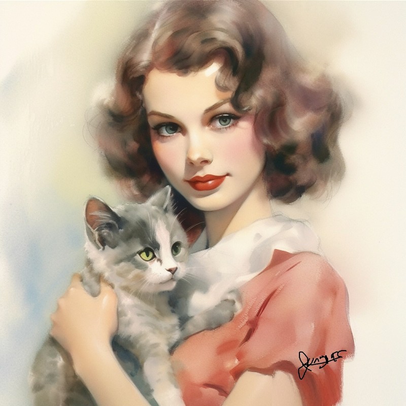 Watercolor Cat Painting Art Print 1940s style 8.5×11 INCLUDES 11X14 MATTING
