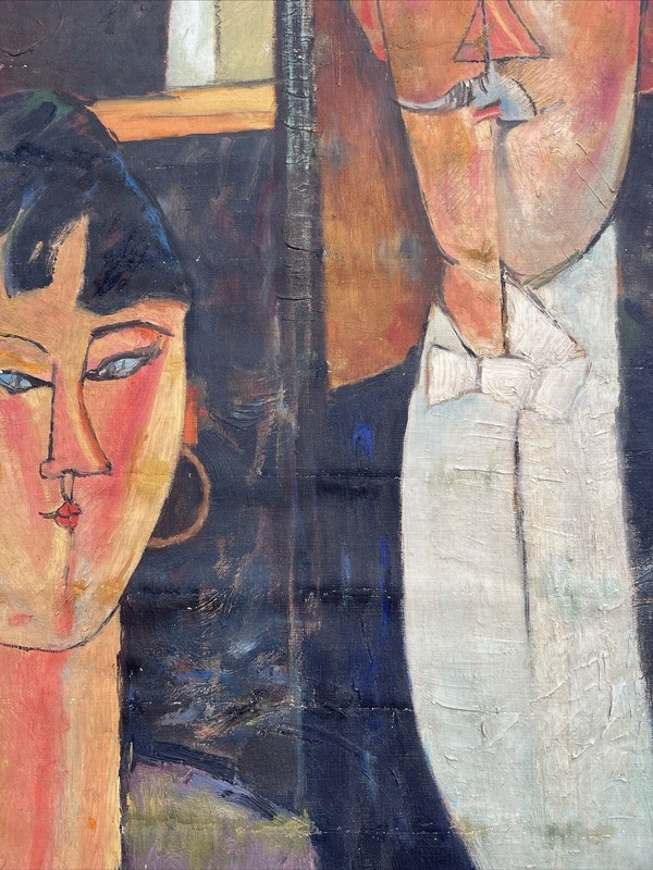 MID CENTURY PAINTING PORTRAIT BRIDE GROOM AFTER MODIGLIANI OLD MOVIE PROP RARE gallery