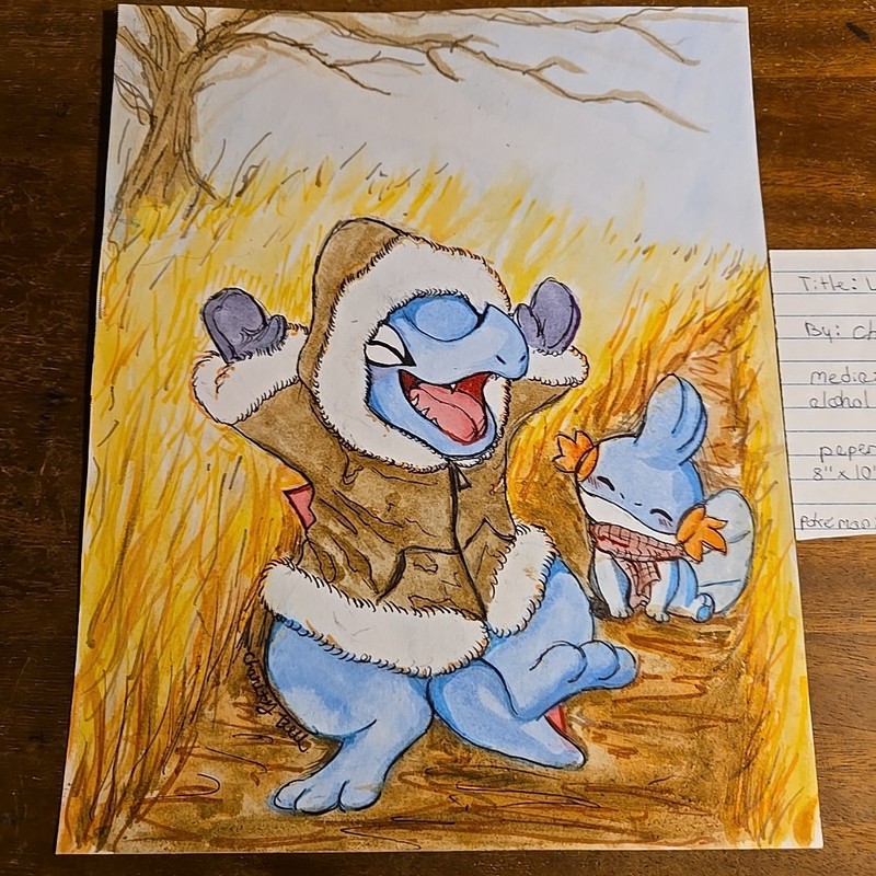 Totodile & Mudkip - Fall Walk- Pokemon Fan Art 8x10 Original Watercolor Painting gallery
