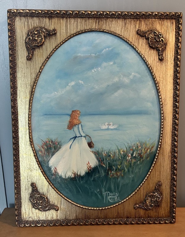 Lovely lady by the water peaceful oil on canvas painting, vintage, 14.5×17.5″