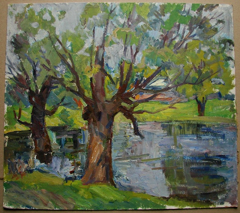 Ukrainian Soviet Oil Painting impressionism landscape tree lake