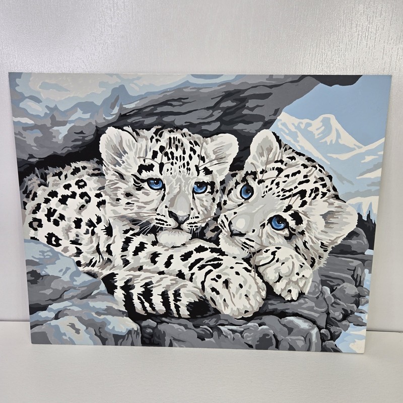 VTG Snow Leopard Cubs Paint By Numbers Finished Acrylic Painting 14×11 Animals