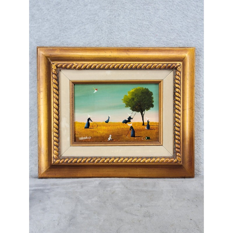 Zerimar Signed Original Oil Painting Folk Art Figures in Field Gilt Frame 12×9