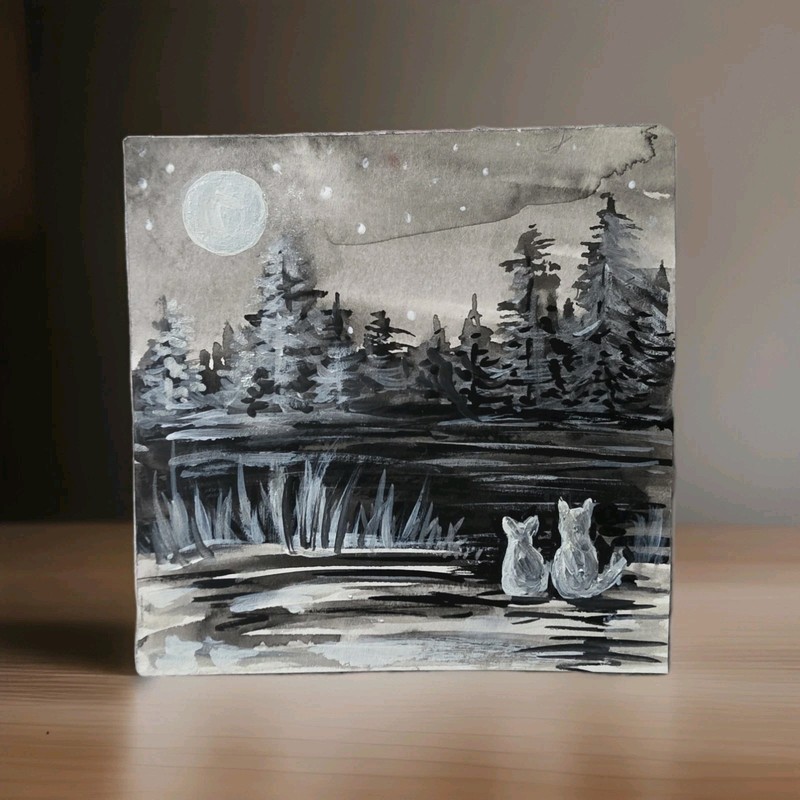 4”x4” Original Watercolor Painting, Moonlight Kittens, ShineGoldenArt