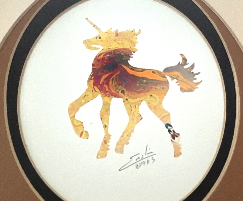 Robert Enslin UNICORN Double Matted Framed Vintage Art 1983 MCM Style Home *READ gallery