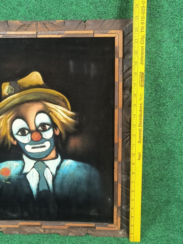 Vintage Black Velvet Hobo Clown Oil Painting 19x23 inch Carved Wood Frame RARE gallery