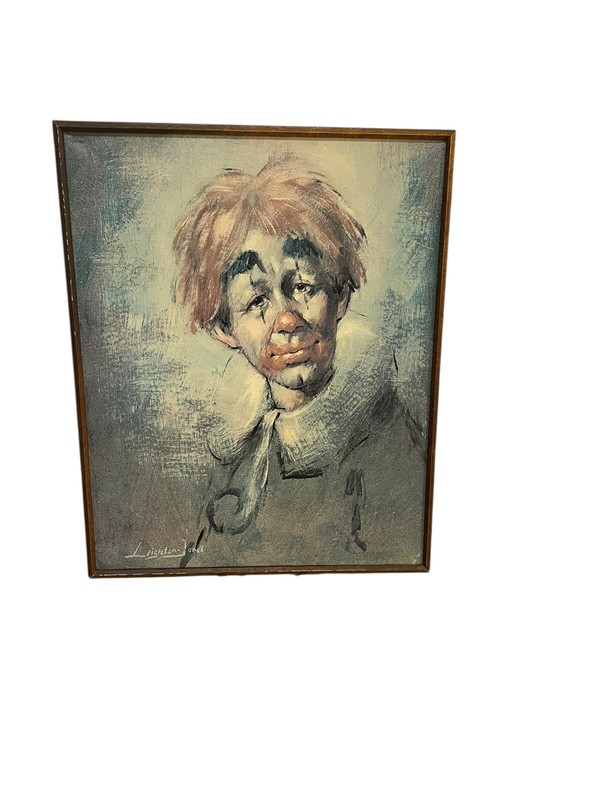 1970’s Clown With Red Hair by Leighton Jones Print On Canvas 27.5″x21.5″ Framed