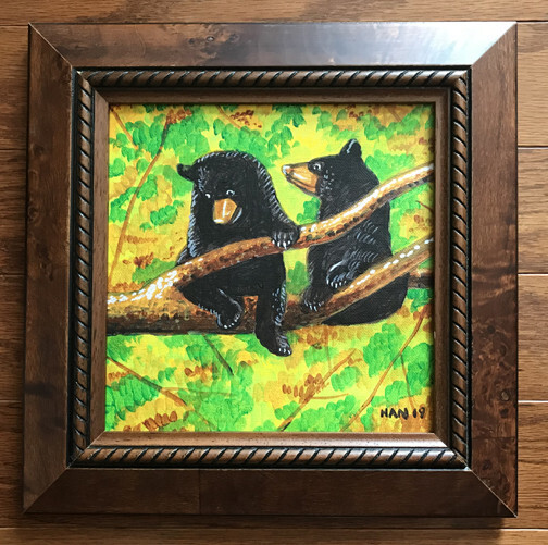 Black Bear Cub, Wild Animal, Original Acrylic Painting, Signed, Framed, 8×8