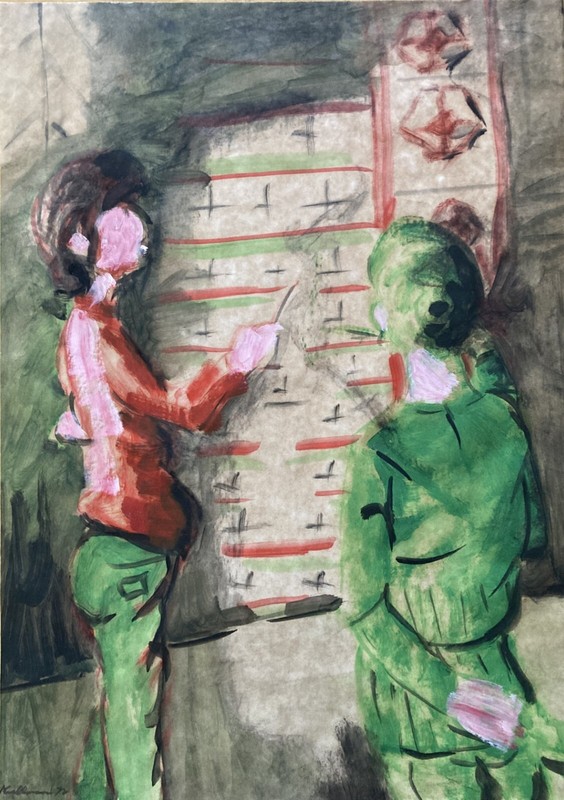 Whimsical cartoonish watercolor gouache «teaching» signed unidentified 1972