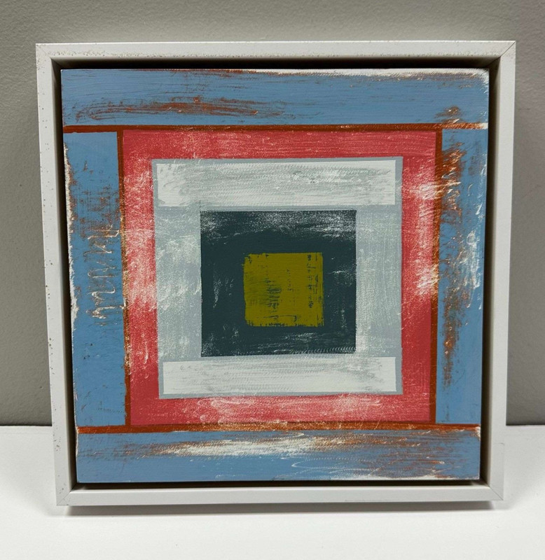 Judy Friday Original Art in Squares of Slate, Pink and Blue Signed 9×9