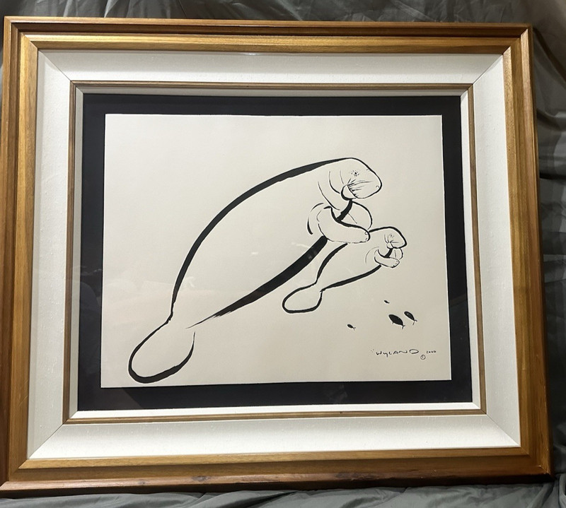WYLAND – Original Hand Painted Sumi-e Brush Manatee W/ Fish – Framed & Signed