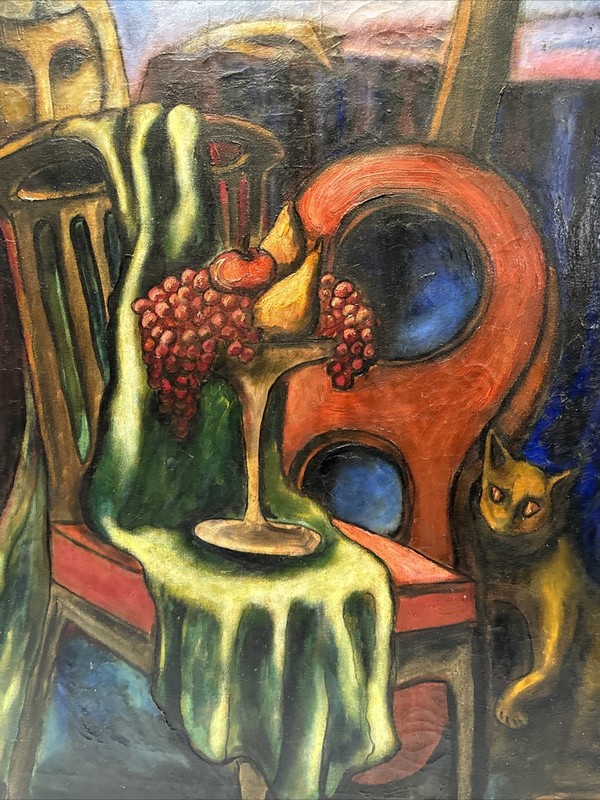 MID CENTURY PAINTING MODERNISM SURREAL CAT MUSICAL STILL LIFE EXPRESSIONIST OIL gallery