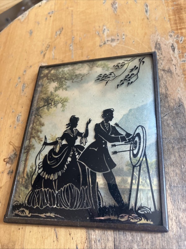 Vintage Reverse Painted Art Romance Curved Convex Glass Picture bow and arrow
